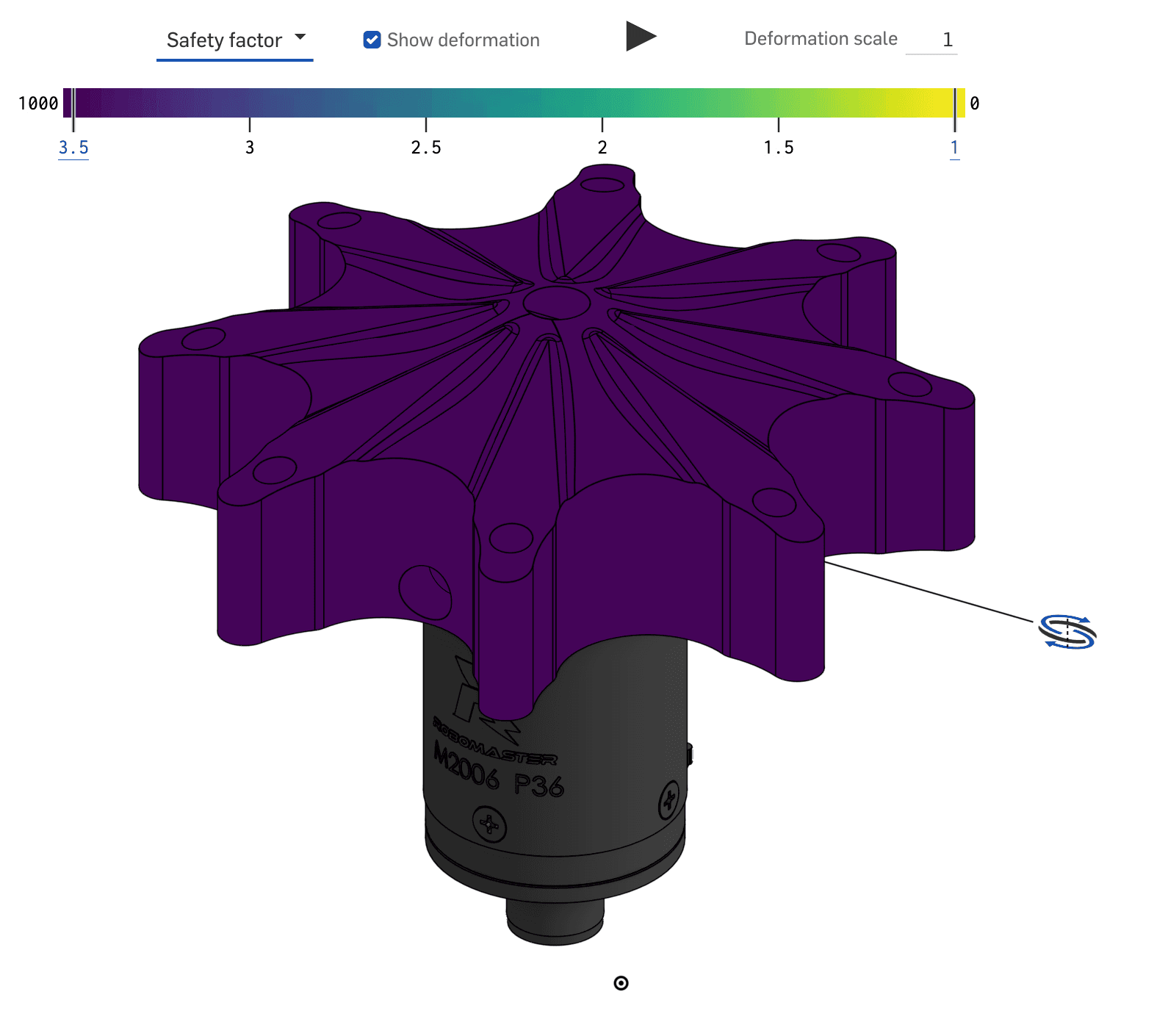 Preliminary Onshape simulation view for flywheel under 500 RPM