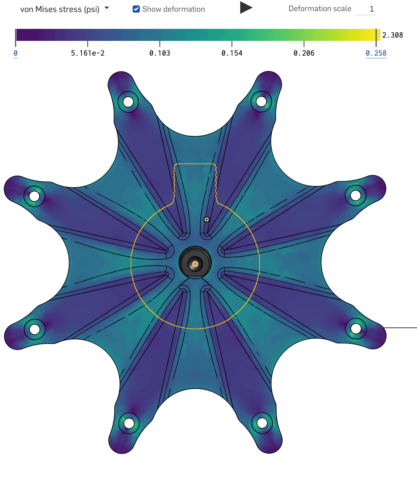 Preliminary Onshape stress or displacement view for flywheel under 500 RPM