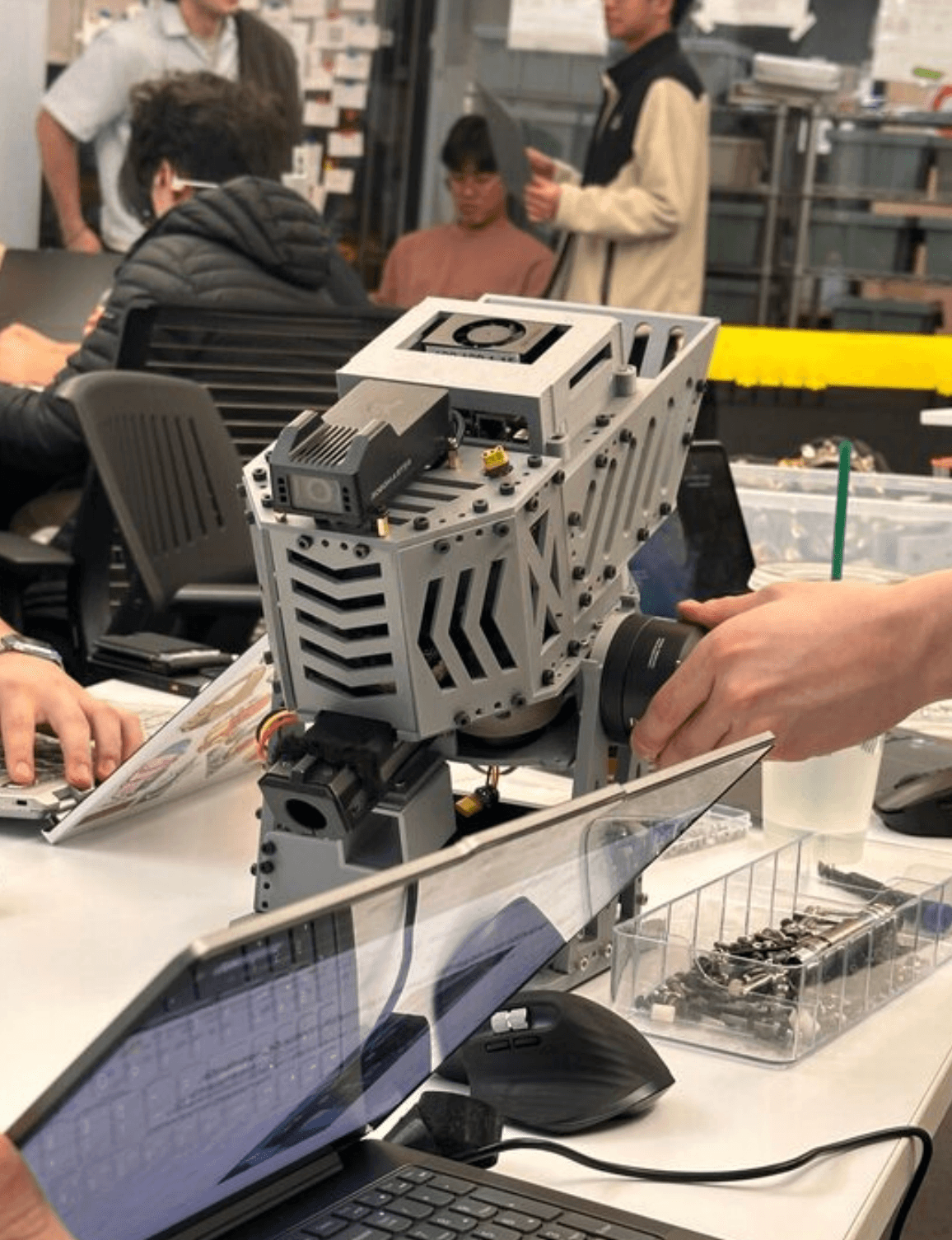 Physical RoboMaster gimbal assembly during integration review